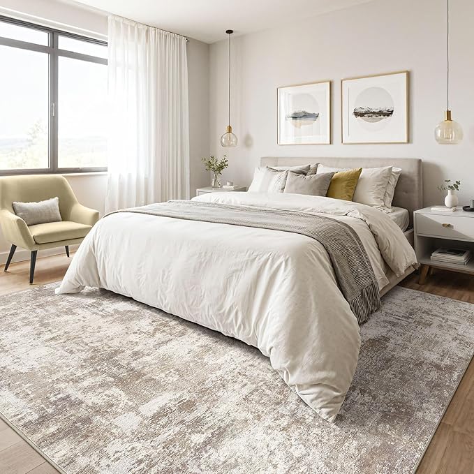 10x12 Area Rugs Living Room: Washable Large Abstract Soft Rug Stain Resistant Indoor Floor Non-Slip Accent Carpet for Women Modern Home Enthusiasts Aged 25-45 - Bedroom Nursery Playroom- Beige Brown