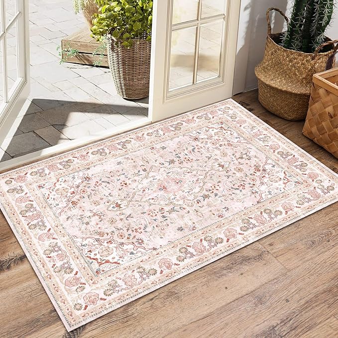 Vhong Pink Area Rugs Washable Boho Vintage Modern Neutral Small Carpet 2×3 Doormat for Bathroom Kitchen Entryway Girls' Room Nursery Room Non Slip
