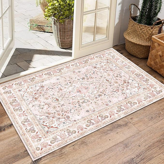 Vhong Pink Area Rugs Washable Boho Vintage Modern Neutral Small Carpet 2×3 Doormat for Bathroom Kitchen Entryway Girls' Room Nursery Room Non Slip