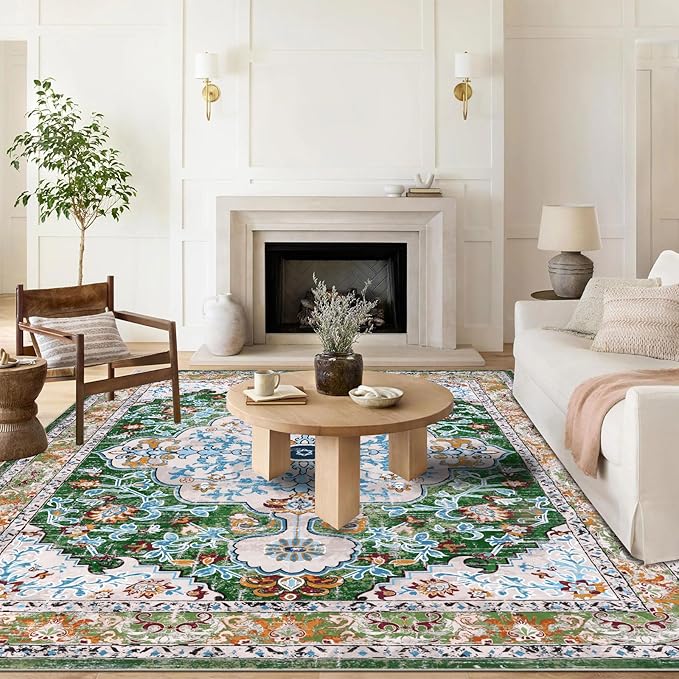 U'Artlines Boho Vintage Area Rug 9x12 Machine Washable Low Pile Soft Floor Carpet Non Slip Non Shedding Accent Rug for Living Room Bedroom Entryway Dining Room Office Green