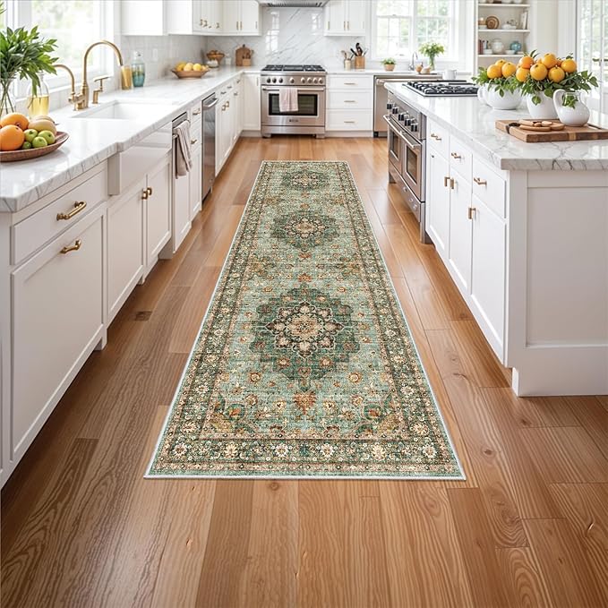 Washable Oriental Hallway Runner Rug - 3x12 Rugs for Living Room Soft Carpet for Bedroom Kitchen Waterproof Floral Distressed Indoor Stain Resistant Non-Shedding Floor Carpets (Green, 3X12)