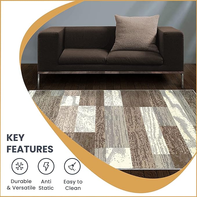 Superior Indoor Area Rug, Jute Backed, Modern Geometric Patchwork Floor Decor for Bedroom, Office, Living Room, Entryway, Hardwood Floors, Rockwood Collection, 5' x 8', Light Blue-Ivory
