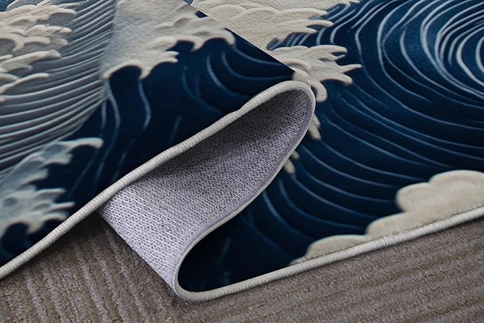 Bathroom Mat Ocean Wave Japanese Rugs Oriental Modern Machine Washable Soft Plush Rug Carpet Non Slip Nautical Navy Blue Area Rug for Entryway Kitchen Living Room Bedroom Dining Room Home 20x31.5 Inch