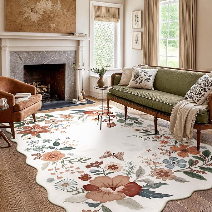 Beeiva 6x9 Area Rugs for Living Room, Washable Floral Playroom Rug, Thin Low Pile Stain Resistance Large Carpet for Bedroom, Dining Room or Nursery - Beige