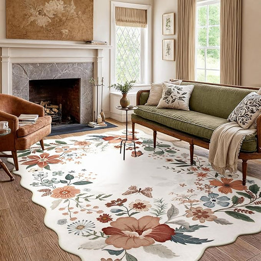 Beeiva 6x9 Area Rugs for Living Room, Washable Floral Playroom Rug, Thin Low Pile Stain Resistance Large Carpet for Bedroom, Dining Room or Nursery - Beige