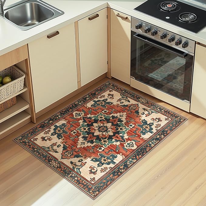 2x3 Machine Washable Non-Slip Area Rug & Mat - Soft Faux Wool & Polyester, Boho Stain-Resistant Indoor Throw Carpet for Entryway, Kitchen, Bathroom, Bedroom, Living, Low Pile, High Traffic