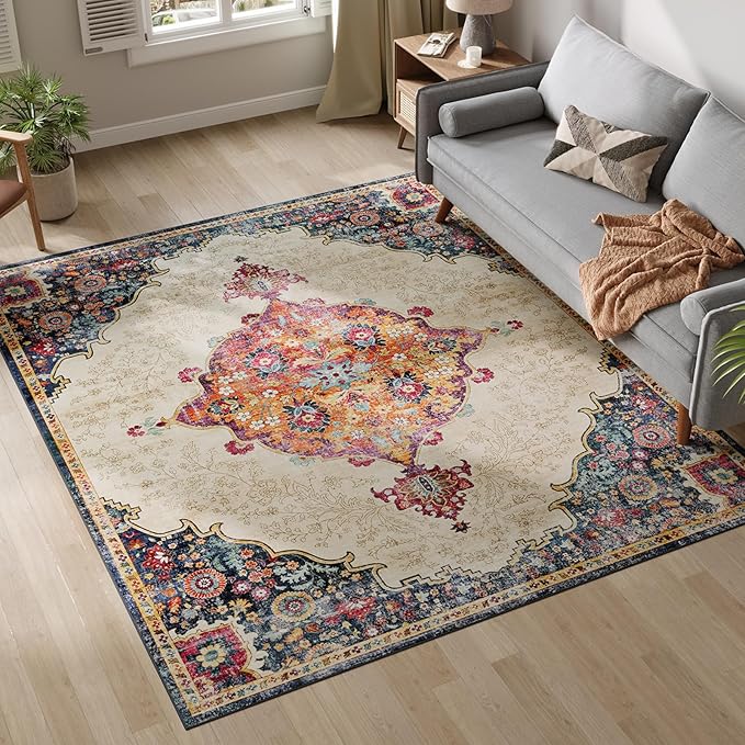 Dripex 8x10 Area Rugs, Machine Washable Non Slip Distressed Boho Rugs,Large Area Rug for Bedroom Aesthetic, No Pile Lightweight Vintage Rug, Carpet for Living Room Dining Room Apartment Den,Multi