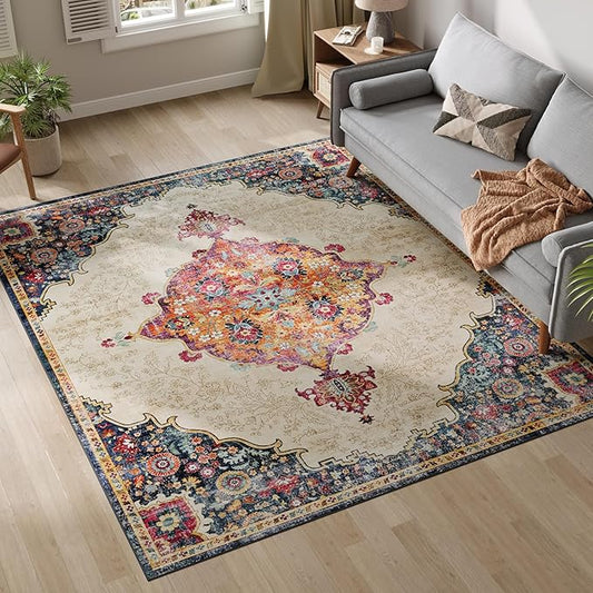 Dripex 8x10 Area Rugs, Machine Washable Non Slip Distressed Boho Rugs,Large Area Rug for Bedroom Aesthetic, No Pile Lightweight Vintage Rug, Carpet for Living Room Dining Room Apartment Den,Multi