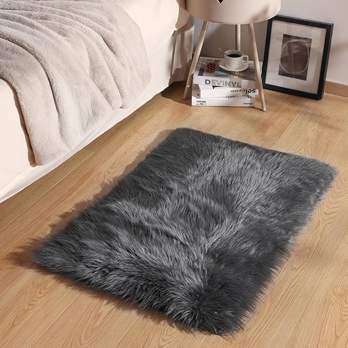 Ashler Faux Fur Rug - Fluffy Shaggy Area Rug, Ultra Soft 2 x 3 Feet Rectangle, Dark Grey Fuzzy Machine Washable Shag, Nursery Decor Throw for Bedroom, Living Room