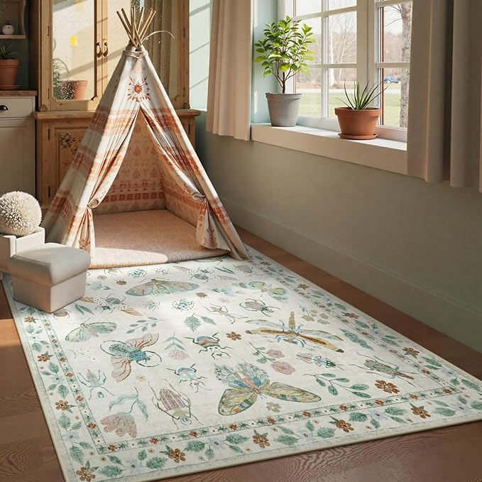Beeiva Insect Print Rug 5x7, Washable Throw Rugs for Bedroom, Non Slip Soft Low Pile Ultra Thin Foldable Carpet for Office, Kids Room, Playroom, Nursery, Living Room - Beige