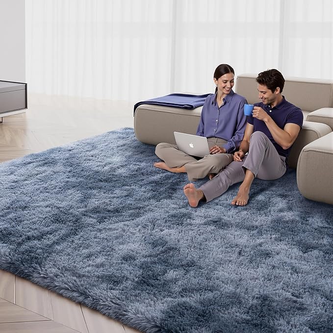 Zentavio Area Rugs for Living Room Large Rugs for Bedroom 8x10 Carpet Fluffy Fuzzy Soft Shag Aesthetic Plush High Pile Gray Throw Rug for Nursery Kids Room Dorm Tie-Dyed Blue Grey