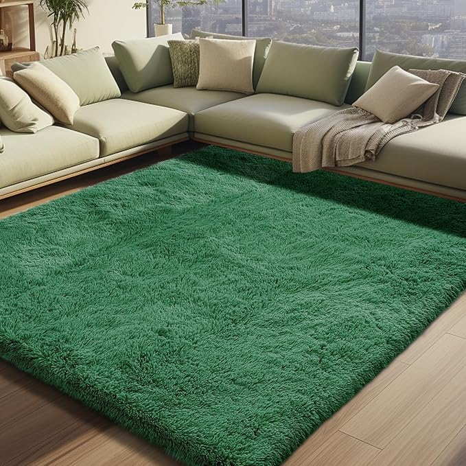 Shag Area Rugs for Bedroom Living Room,5X8 Ultra Soft Fluffy Area Rugs for Dorm,Indoor Carpet Nursery Rugs for Kids Girls Room Home Decor, Dark Green