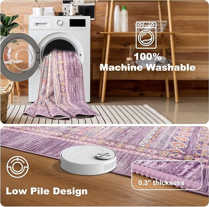 2x3 Small Rugs for Bedroom, Washable Aztec Geometric Indoor Entryway Door Rug with Non-Slip Backing, Soft Moroccan Throw Rug Western Carpet for Kitchen Home Office, Purple & Pink