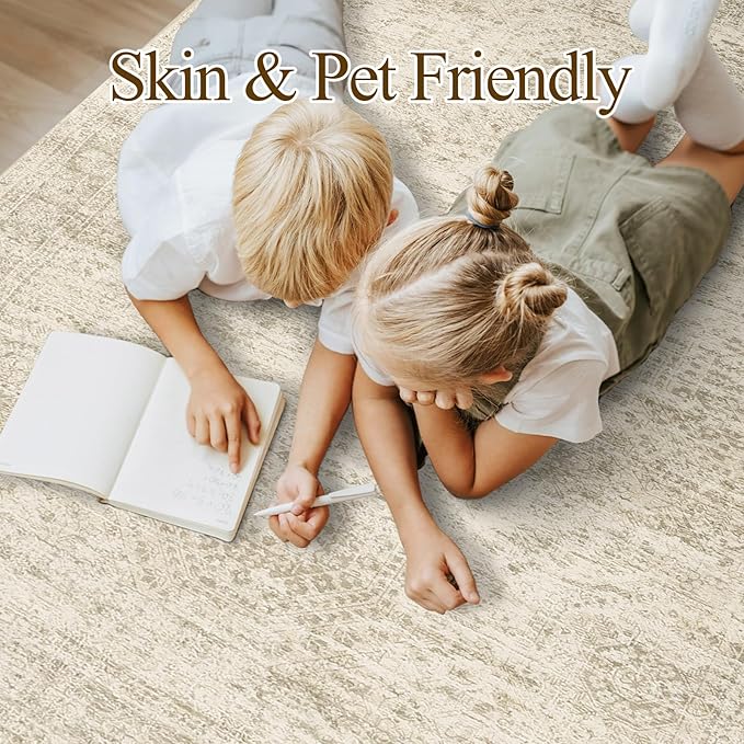 10x14 Area Rugs for Living Room, Non Slip Machine Washable Vintage Rugs, Low Pile Lightweight Large Rug for Bedroom, Dining Room, Home Office Beige