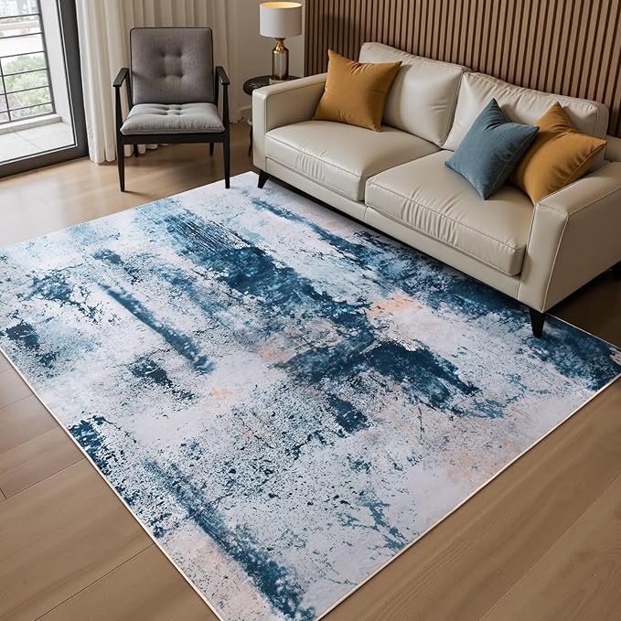 3x5 Blue Washable Area Rug for Living Room Bedroom, Modern Abstract Non-Slip Rugs, Low Pile Soft Stain Resistant Carpet for Dining Room, Kitchen, Office, Dorm, Bedside Decor