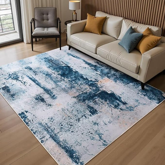 3x5 Blue Washable Area Rug for Living Room Bedroom, Modern Abstract Non-Slip Rugs, Low Pile Soft Stain Resistant Carpet for Dining Room, Kitchen, Office, Dorm, Bedside Decor
