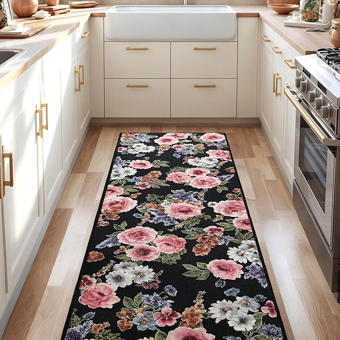 2x6 Runner Rug for Hallways Kitchen Machine Washable Boho Floral Rug Runner Non-Slip Soft Low Pile Long Floor Carpet Runner for Laundry, Bedroom, Entryway (Black)