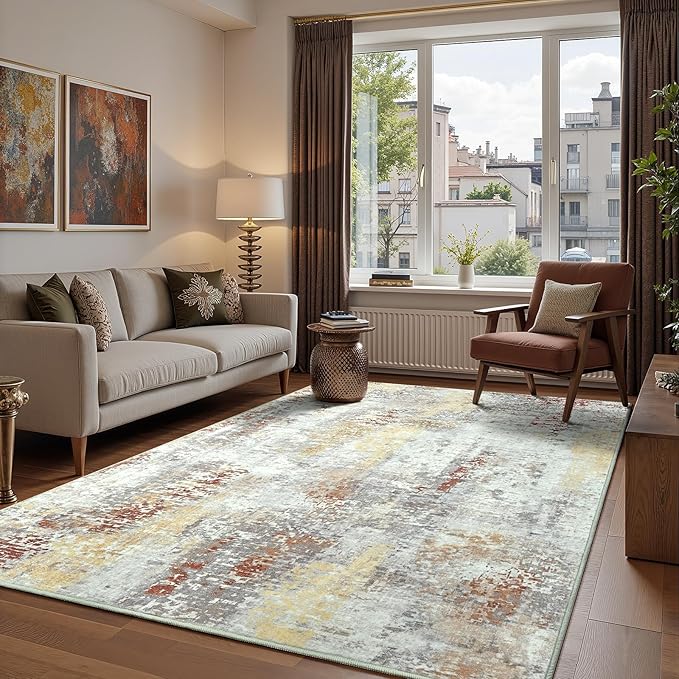 3x5 Washable Area Rug for Living Room Bedroom, Modern Abstract Non-Slip Rugs, Tan Low Pile Soft Stain Resistant Carpet for Dining Room, Kitchen, Office, Dorm, Bedside Decor