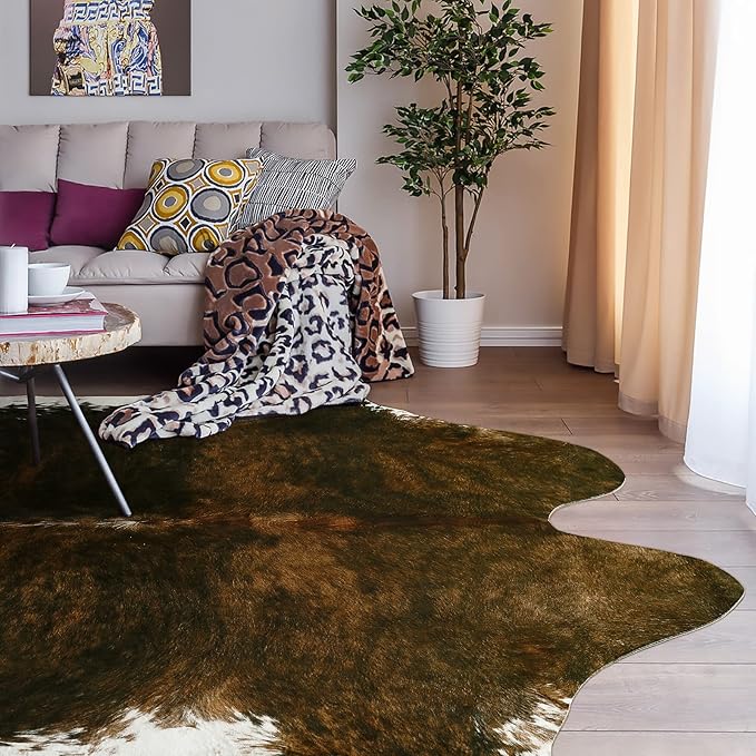 AROGAN 8x10 Faux Cowhide Area Rugs for Living Room, Animal Skins Cow Hide Rug for Bedroom, Cool Western Christmas Decor, Thin Leather Cow Hide Carpets Fireplace Rug, Saddle Brown