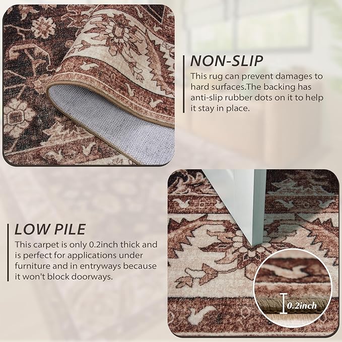 Area Rugs for Living Room, Washable 5x7 Area Rug for Bedroom, Retro Floral Non-Slip Carpet for Nursery Home Office Dining Room Kitchen, Brownish Red