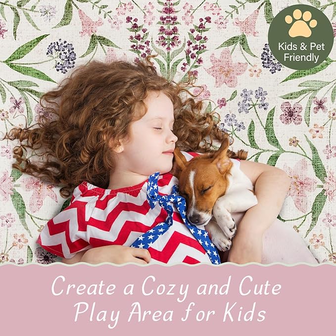 Amearea Pink Runner Rugs for Hallway, 2x6 Feet Area Rugs for Bedroom Girls, Washable Floral Collection Bedside Rugs Low Pile Print Carpet, Kids Room Entrance Kitchen Living Room Decor