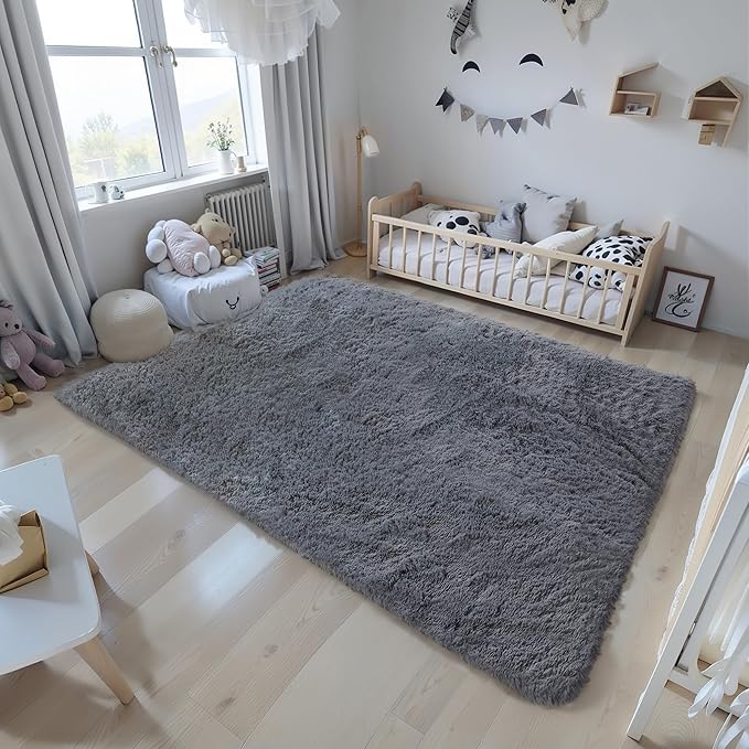 4x6 Grey Fluffy Shag Rug for Bedroom, Soft Plush Fuzzy Washable Non Slip Carpet for Living Room, Gray Modern Floor Cozy Furry Shaggy Throw Area Rugs for Kids Boys Baby Nursery Dorm Room
