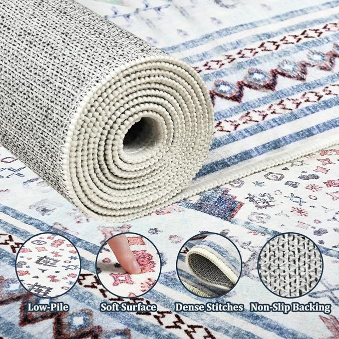 Maxsoft 8x10 Area Rug,Vintage Machine Washable Rugs for Living Room, Soft Non-Slip Low Pile Rug, Stain Resistant Rugs for Kitchen, Bedroom, Dining Room,Laundry Room,Nursery (Beige Blue)