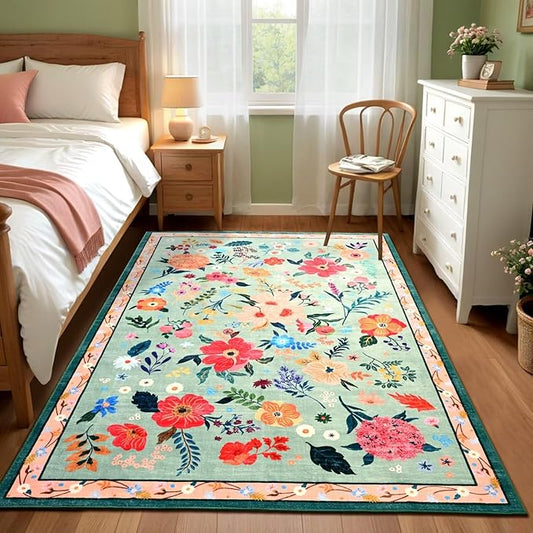3x5 Floral Rug for Girls Bedroom, Machine Washable Area Rugs with Non Slip Backingfor Living Room, Cute Flowers Carpet Kitchen Dining Room Kids Playroom Decor, Light Green