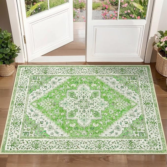 Vintage Rug 2x3 Washable for Entryway, Non Slip Small Area, Indoor Front Door, Print Distressed Green Mat Carpet, Soft Low Pile for Entrance Kitchen Bedroom Bathroom