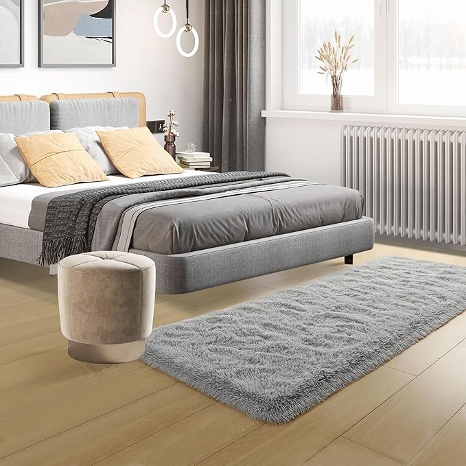 Tepook Soft Runner Rugs for Bedroom 2x6 ft with Rubber Backing, Grey Fluffy Rugs for Living Room, Shag Bedside Rug Fuzzy Plush Carpet for Room, Area Rug for Dorm Nursery Hallway Indoor Home Decor