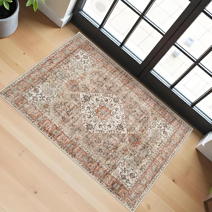 Washable 2x3 Entryway Area Rug: Vintage Non-Slip Backing Rugs for Kitchen Bathroom Water Resistant Carpet for Bedroom Soft Low Pile Front Door Mat for Dining Room 2x3 Orange/Brown