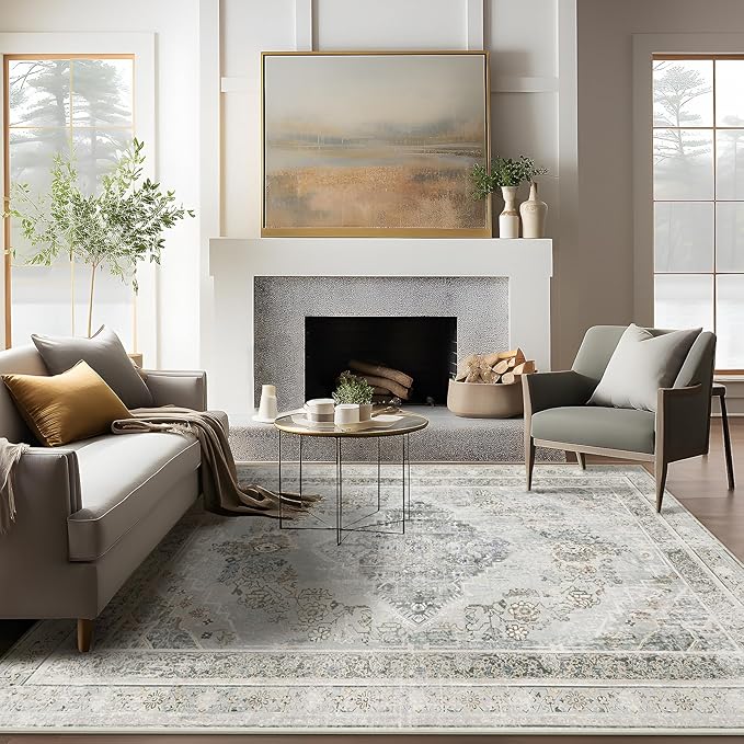 Phantoscope Vintage Collection Area Rug 5'x7' for Living Room - Washable Rug Large Boho Carpet Non-Slip for Bedroom Dining Room, Indoor Low-Pile Neutral Distressed Accent Rug, Grey/Dull Teal