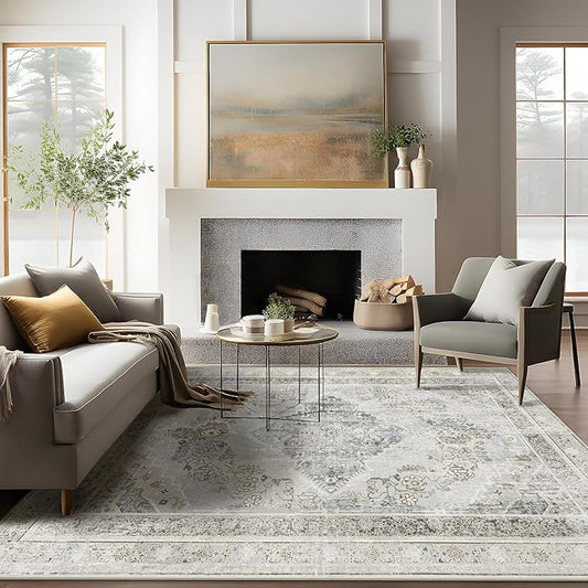 Phantoscope Vintage Collection Area Rug 5'x7' for Living Room - Washable Rug Large Boho Carpet Non-Slip for Bedroom Dining Room, Indoor Low-Pile Neutral Distressed Accent Rug, Grey/Dull Teal