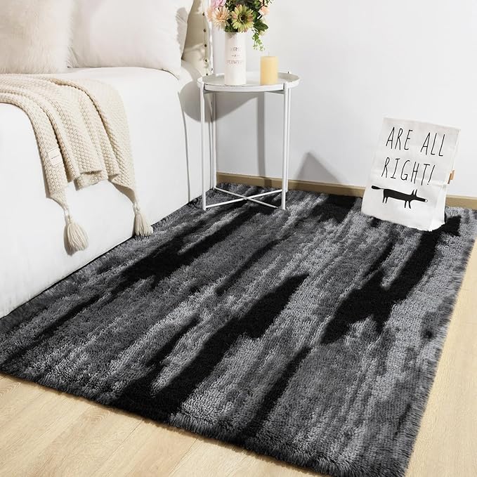TWINNIS Super Soft Shaggy Rugs Fluffy Carpets, 6x9 Feet, Indoor Modern Plush Area Rugs for Living Room Bedroom Kids Room Nursery Home Decor, Upgrade Anti-Skid Rectangular Fuzzy Rug, Black Gray