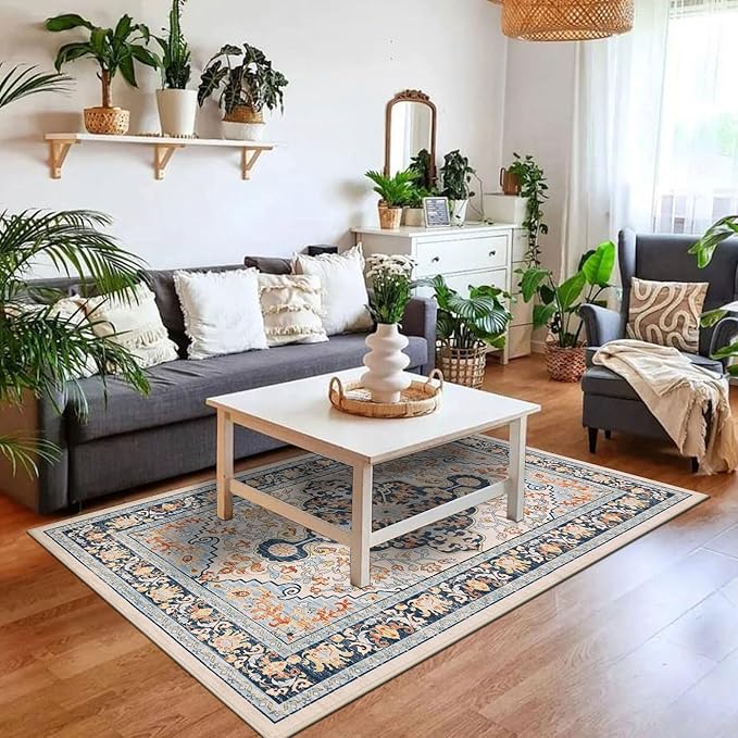 U'Artlines Boho Vintage Area Rug 3x5 Machine Washable Low Pile Soft Floor Carpet Non Slip Non Shedding Accent Rug for Living Room Bedroom Entryway Dining Room Office Orange Blue