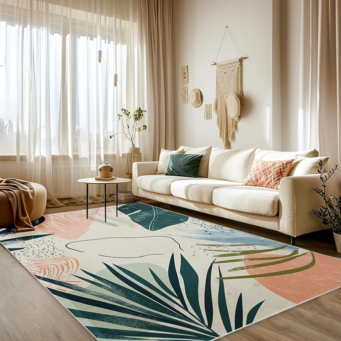 5x7 Area Rugs for Living Room Machine Washable Boho Botanical Rug Non Slip Printed Abstract Plant Rug Carpet Friendly Modern Rug for Bathroom Bedroom Dining Room Office
