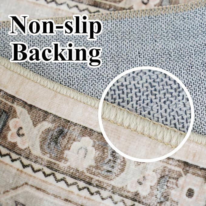10x10 Rug Square Living Room, Bedroom Washable 10ft Square Soft Distressed Oriental Area Rugs Non Slip Backing Farmhouse Rug Low Pile Thin Stain Resistant Indoor Carpets, 10ft Ivory/Multi