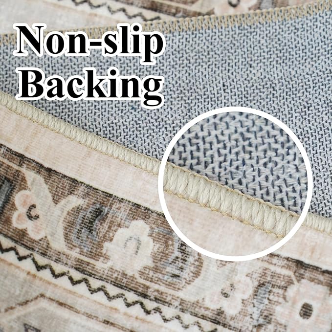 10x10 Rug Square Living Room, Bedroom Washable 10ft Square Soft Distressed Oriental Area Rugs Non Slip Backing Farmhouse Rug Low Pile Thin Stain Resistant Indoor Carpets, 10ft Ivory/Multi