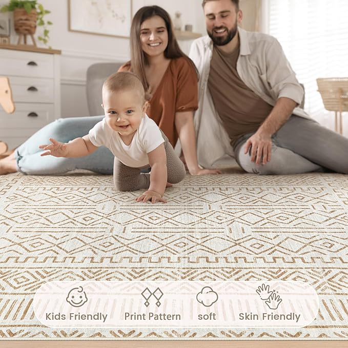 2x3 Rug Entryway Rugs: Washable Boho Small Geometric Moroccan Printed Pattern Rug Modern Indoor Soft Non Slip Ultra Thin Front Door Mat for Kitchen Bedroom (BeigeBrown, 2'x3')