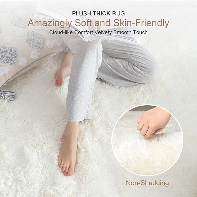 Thick Area Rug 6x9 Cream White Fluffy Shag for Bedroom Living Room, Soft Plush Washable Thickened Non-Slip Fuzzy Furry Carpet, Modern Shaggy Large Rugs for Kids Nursery Boys Girls Dorm, Ivory