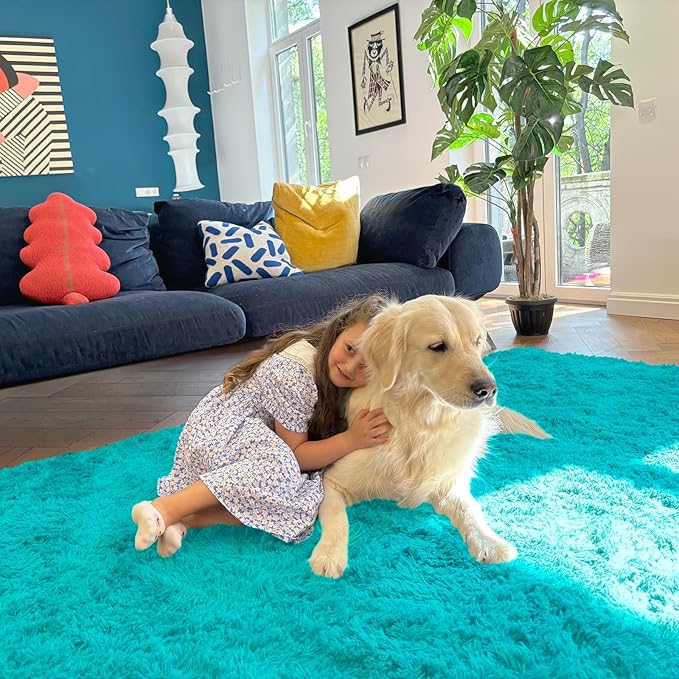 OLANLY 2x4 Machine Washable Runner Rugs for Hallway, Soft Fluffy Shaggy Bedside Rugs for Bedroom, Living Room, Indoor Floor Carpet for Kids Girls Boys, Nursery Rooms, Home Decor Aesthetic, Teal Blue