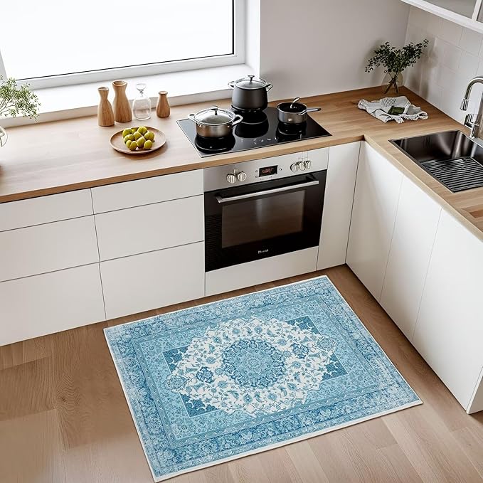 2x3 Small Area Rug for Entryway, Soft Washable Rugs with Non-Slip Backing for Bedroom Kitchen, Vintage Throw Carpet Laundry Entry Door Decor, Blue & White