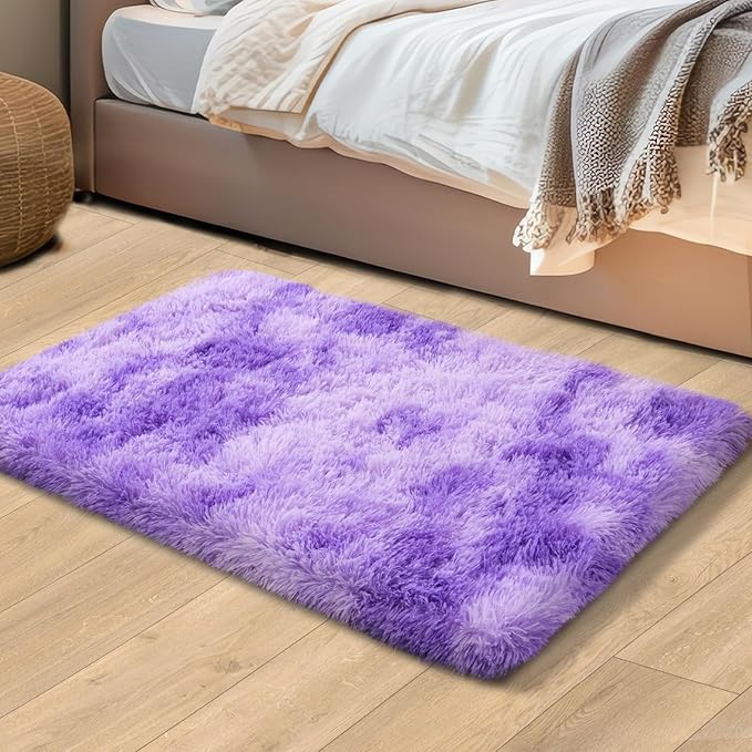 2x3 Rugs for Bedroom, Fluffy Area Rugs for Living Room, Soft Shag Kids Rug Small Carpet with 4 Non-Slip Rug Pads (Purple TieDyed, 2ft x 3ft)