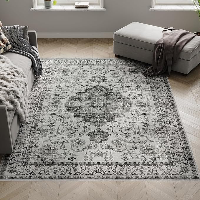 Dripex 5x7 Area Rugs, Machine Washable Non Slip Distressed Boho Rugs, No Pile Lightweight Vintage Rug, Floor Carpet for Living Room,Dining Room,Bedroom and Office,Grey