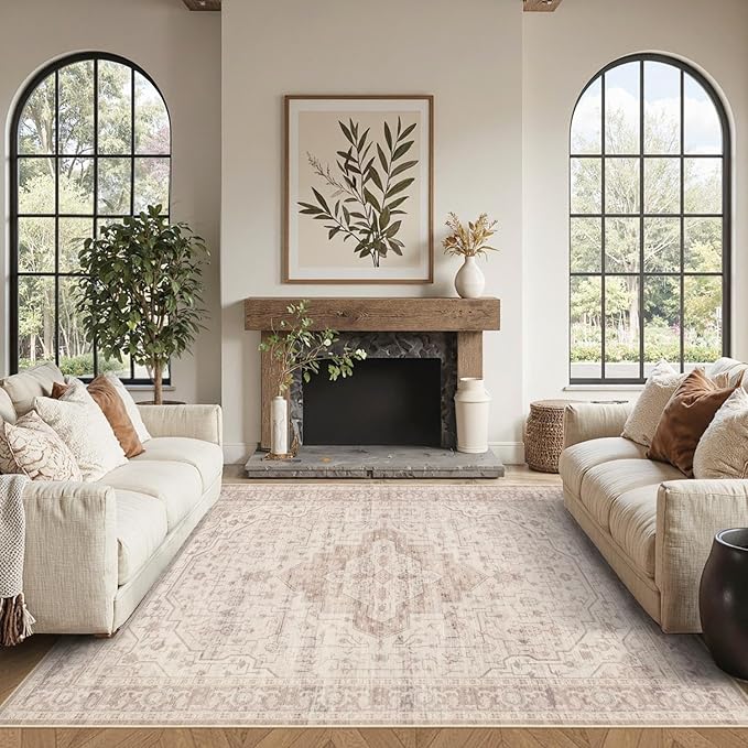 4x6 Washable Area Rug for Living Room & Bedroom, Soft Pink Rugs for Girls Women, Non Slip, Durable Low Pile Carpet, Vintage Carpets for Office, Dining Room, Kids Room and Farmhouse