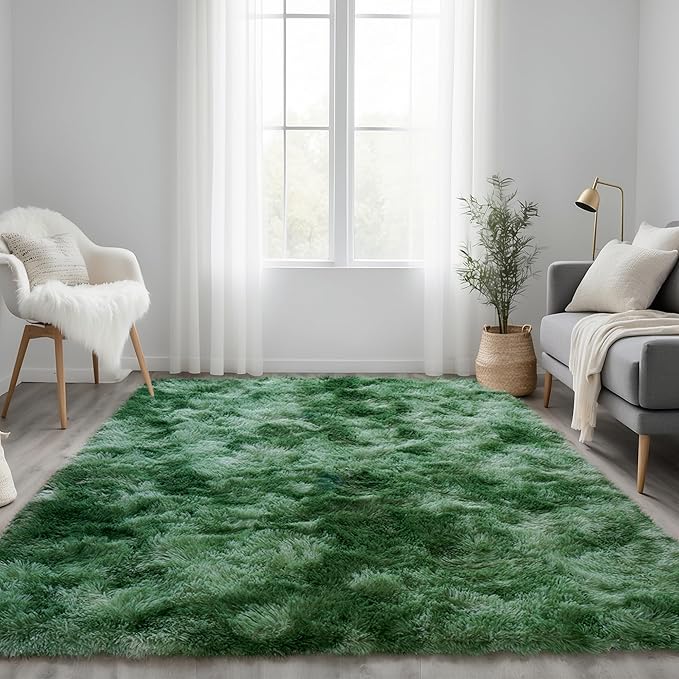 Tie-Dyed Green Fluffy Rug for Bedroom 6x9 ft - Ultra Soft & Non Slip Shaggy Area Rug, Comfy Durable Carpet for Living Room Kids Room Teens Dorm Home Decor, 1.7'' Thick Indoor Plush Carpets