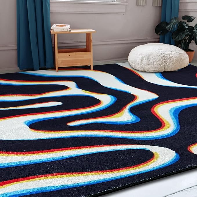 Trippy Abstract 4x6 Area Rug Soft Thin Funky Aesthetic Wavy Stripes Geometry Swirl Living Room Rug Colorful Black White, Retro Cool Washable Carpet for Kitchen Entryway Bedroom Dorm