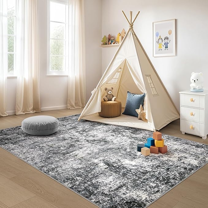 Washable Area Rug: 3x5 ft Abstract Small Rugs for Entryway Kitchen Living Room Bedroom - Non Slip Modern Neutral Carpet Indoor Front Door - Grey