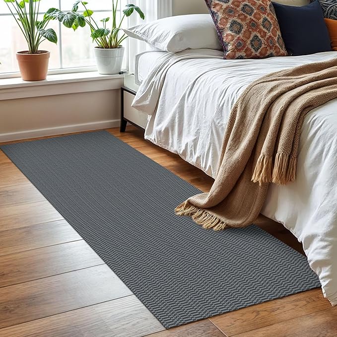 KOZYFLY Washable Runner Rug 2x6 Ft Runners for Hallways Non Slip Kitchen Runner Rugs Braided Cotton Entryway Runner Indoor, Carpet Runners for Hallway Kitchen Entryway Bedroom, Grey/Charcoal Grey