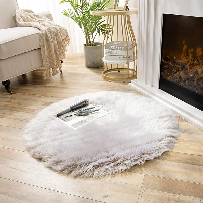 Ashler faux fur rug, Fluffy Shaggy Area Rug Ultra Soft 3 x 3 Feet Round Fur Rug, Frosted Bottom Biege Fuzzy Rug Machine Washable Shag Rug, Nursery Decor Throw Rugs for Bedroom, kids room, Living Room